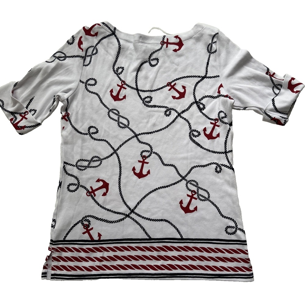 Karen Scott Nautical Anchor Print Top White Red Black Boat Neck